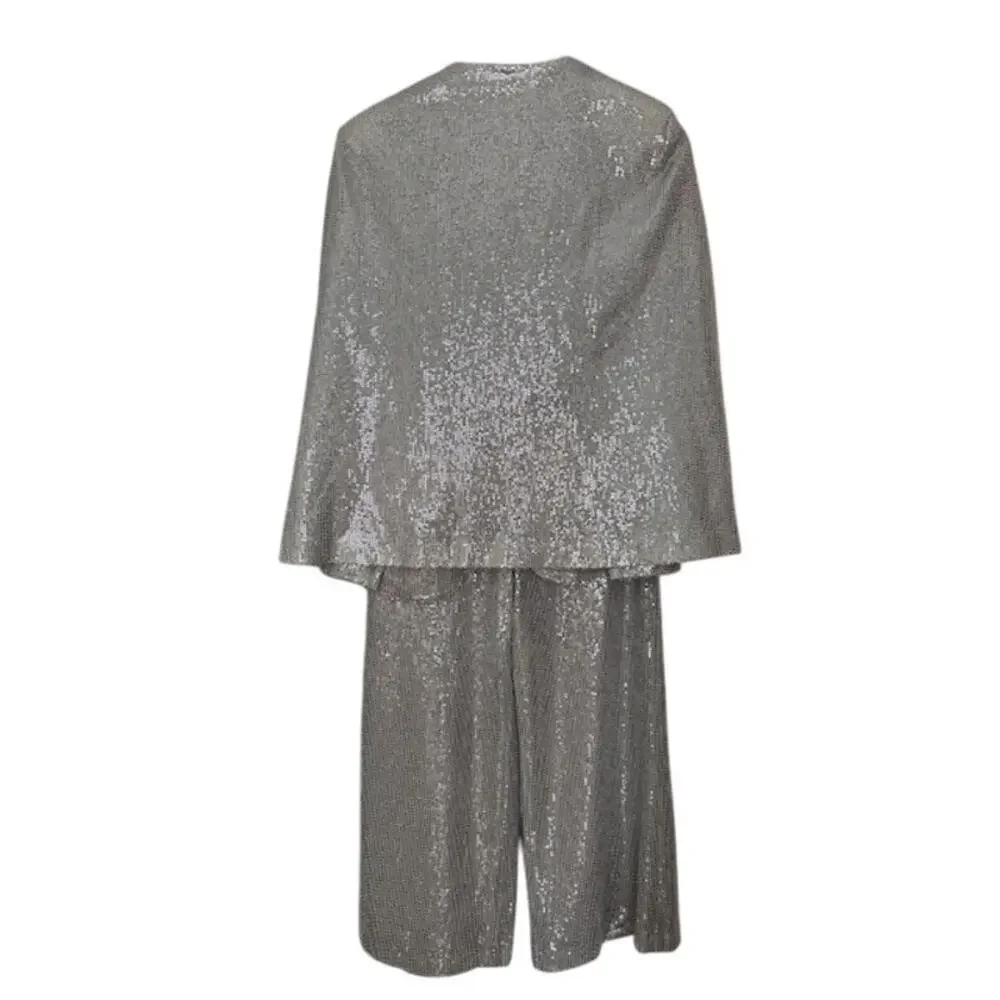 Zara Silver Sequin Cape & High-Rise Culottes Cropped Pants Set NWT- Size S - Picture 6 of 12